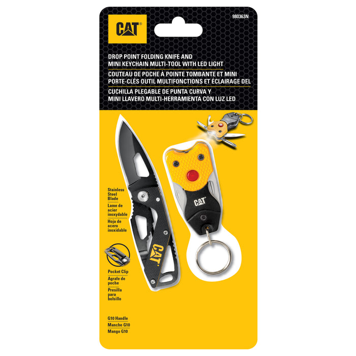 CAT 2 Piece Keychain Light & 5-1/4 Inch Folding Skeleton Knife Set